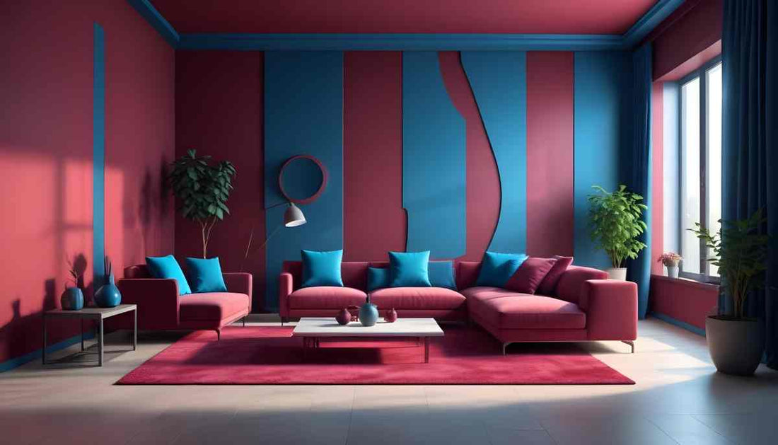 A red living room with cobalt blue accents near Petoskey, Michigan