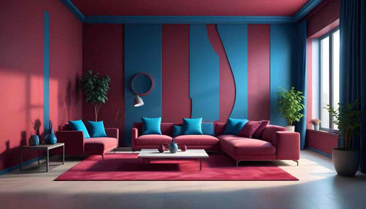 A red living room with cobalt blue accents near Petoskey, Michigan